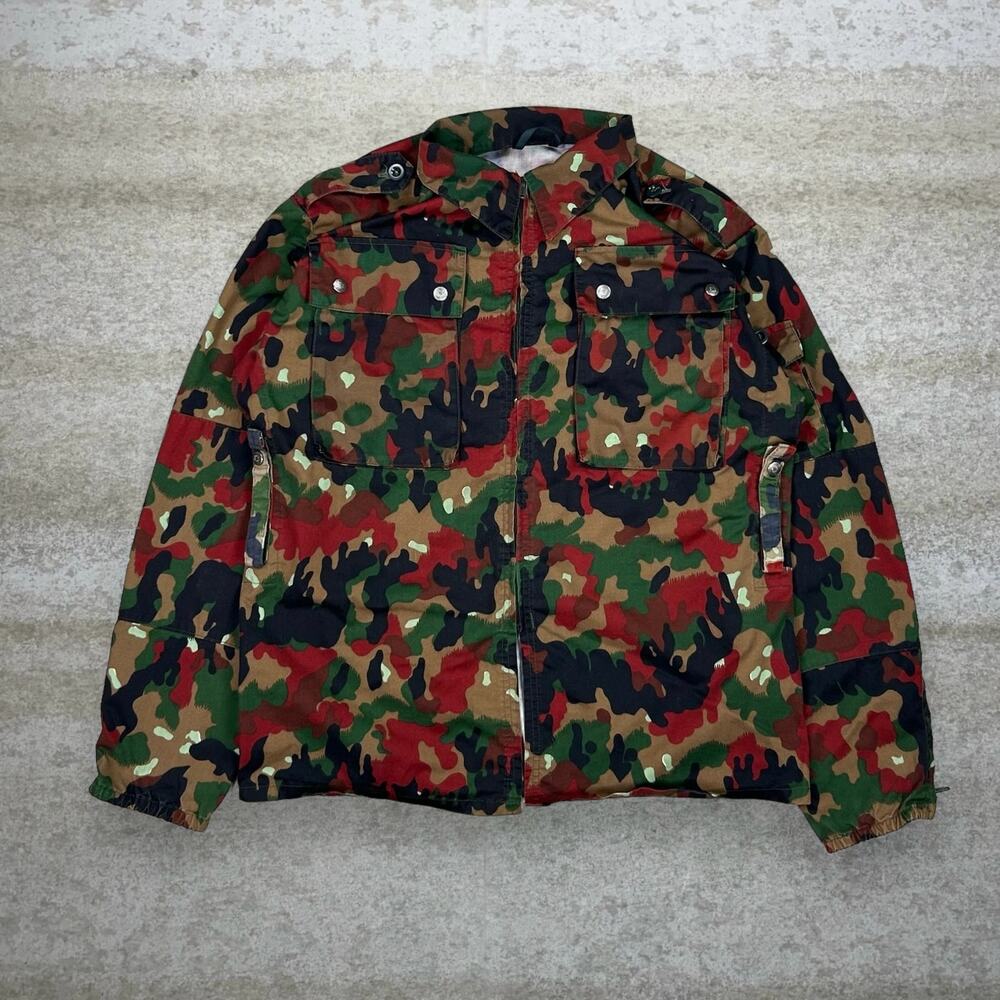 Vintage 90s Swiss Military Camo Jacket Mens M Red Brown Black Insane Pattern
